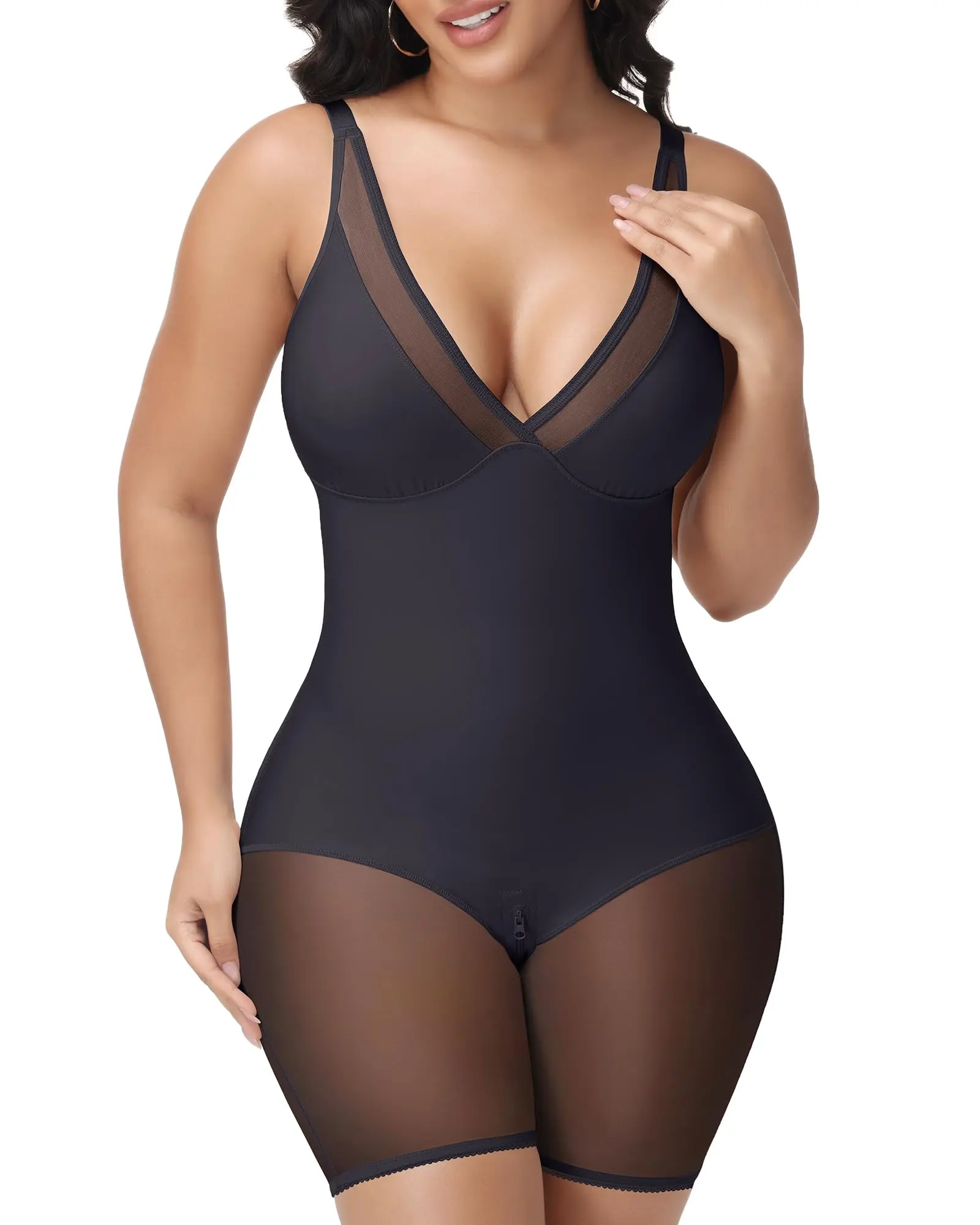 COOSHAPE Mesh Sheer Shapewear Corset Bodysuit Women Seamless Tummy Smoothing Low Back Butt Lifter Full Body Shaper Mid Thigh Jumpsuit