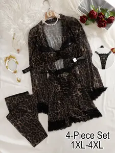 Luxury Leopard Print 4-Piece Lingerie Set, Long Sleeve Loose Mesh Sleep Robe, Lace Trim Leopard Net Sexy Underwear, Plus Size 1xl-4xl