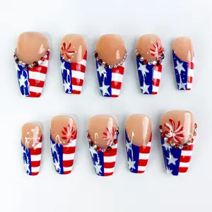 Orta Xing Patriotic Firework Press On Nails, USA Flag French Tip Design, Rhinestone Star Accent, Red White Blue Holiday Nails, Handmade Reusable Press On Nails for 4th of July