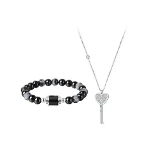 Keyora Witness Our Love-Key Necklace & Lock Bracelet Set - Heart Key Necklace for Her/Him & Gemstone Lock Bracelet - Interactive Key Opens and Closes the Lock - Perfect Couple's Gift for Anniversaries and Valentine's Day