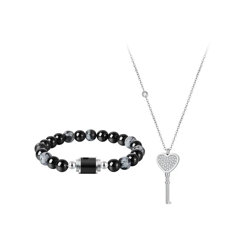 Keyora Witness Our Love-Key Necklace & Lock Bracelet Set - Heart Key Necklace for Her/Him & Gemstone Lock Bracelet - Interactive Key Opens and Closes the Lock - Perfect Couple's Gift for Anniversaries and Valentine's Day