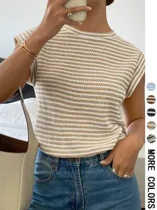Women's Striped Print Crew Neck Tee, Casual Slim-fitting Cap  Sleeve T-shirt, Ladies Summer Clothes for Daily Wear, Top