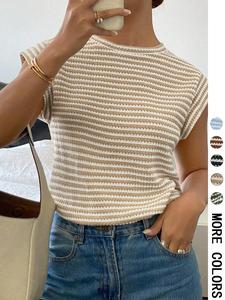 women's striped print crew neck tee, casual slim-fitting cap sleeve t-shirt, ladies summer clothes for daily wear, top, womenswear, summer tops, tshirt