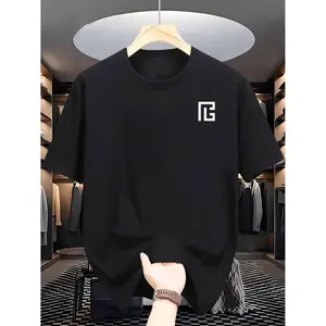 Men'S Casual Crew Neck T-Shirt, Polyester 100% Knit Fabric, Slight Stretch, Regular Fit, Summer Short-Sleeved Top with Patterned Print, Fashionable Everyday Wear