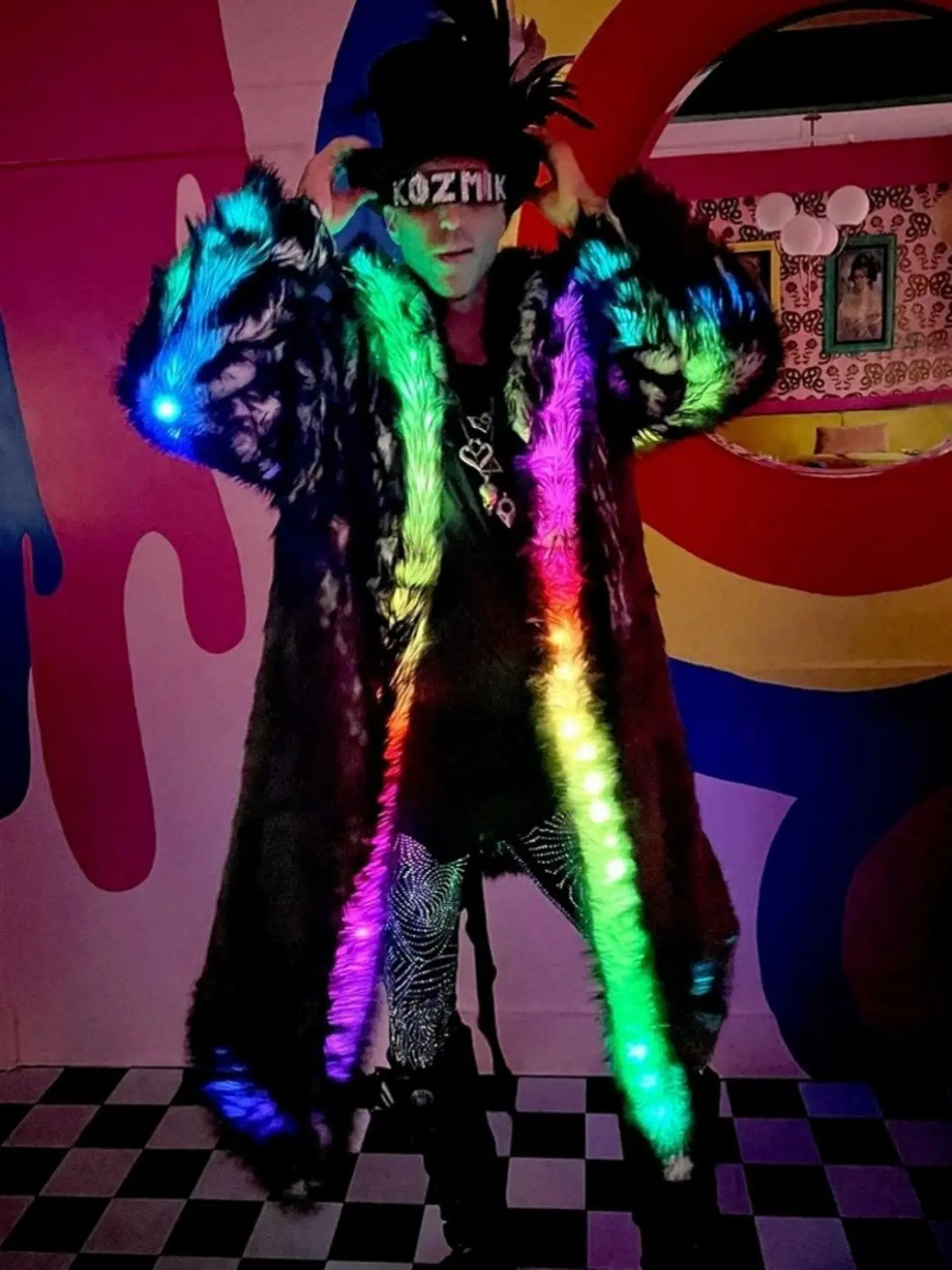 Men’s LED Glow Faux Fur Coat, Winter New Arrival Hooded Long Warm Jacket, Trendy Rave Festival Party Outerwear, Versatile Streetwear