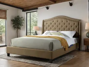 Carly Elegant Tufted Upholstered Camelback Platform Bed Frame with Nailhead Trim