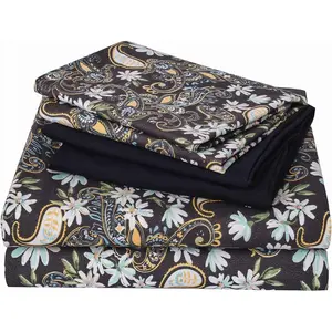 Black Paisley Floral Sheet Set  Size 6 count, Printed  Soft Microfiber Bed Sheets Extra Deep Pocket