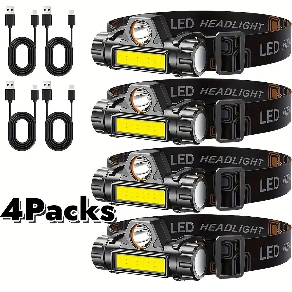 4-Pack COB LED Headlights, Rechargeable, Ultra Bright & Long-Lasting, Headband Design Helmet Light, Clip-On Headlight, Hands-Free Operation, Adjustable Magnetic Base, Suitable for Cycling, Hiking, Camping, Fishing, Tactical Headlights