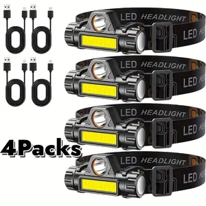 4-Pack COB LED Headlights, Rechargeable, Ultra Bright & Long-Lasting, Headband Design Helmet Light, Clip-On Headlight, Hands-Free Operation, Adjustable Magnetic Base, Suitable for Cycling, Hiking, Camping, Fishing, Tactical Headlights