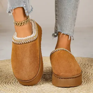 Women's Fleece Lined Platform Slippers with Decorative Stitch Trim Mini Snow Boots Cozy Warm Suede Indoor Outdoor Shoes
