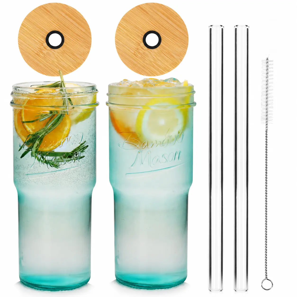 ANOTION 2 Pack Blue-Green Mason Jar Cups with Bamboo Lids and Glass Straws, Tall Iced Coffee Glasses for Smoothies, Lemonade and Cold Drinks, Includes Straw Cleaning Brush
