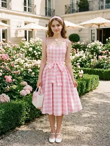 RETRO STAGE Women's 1950s Plaid Spaghetti Strap Sleeveless Pink Swing Dress, Casual Summer Womenswear