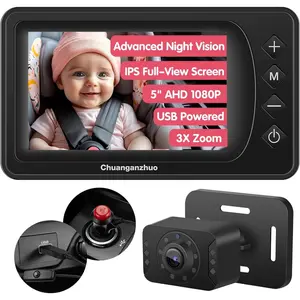 Baby Car Camera with Advanced Crystal-Clear Night Vision, 3X Zoom, USB Powered, 5'' AHD 1080P IPS Full View Car Baby Monitor, Backseat Camera For Kids,Infants Rear Facing Mirror, 5inch Black