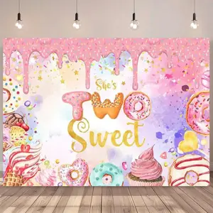 1pc 2D Flat 152.4*/152.4* Pink Happy Birthday Background Cloth Dessert Donut Ice Cream Designed for Sweet Birthday Parties Decorated Banner Cake Table Decorated Banner Portrait Photography Background White