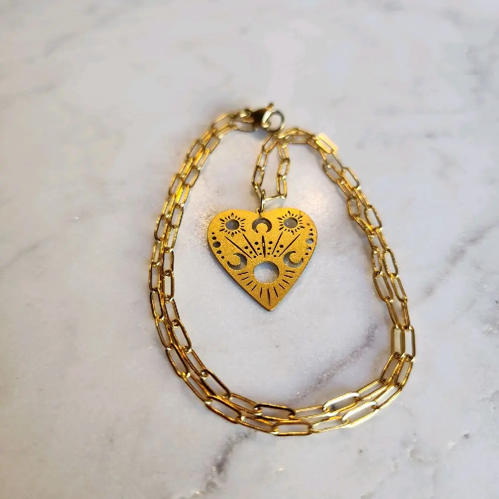 Mystic Heart Necklace | Brass Planchette Pendant on Gold Paperclip Chain | Celestial Talisman Jewelry for Intuition & Magic