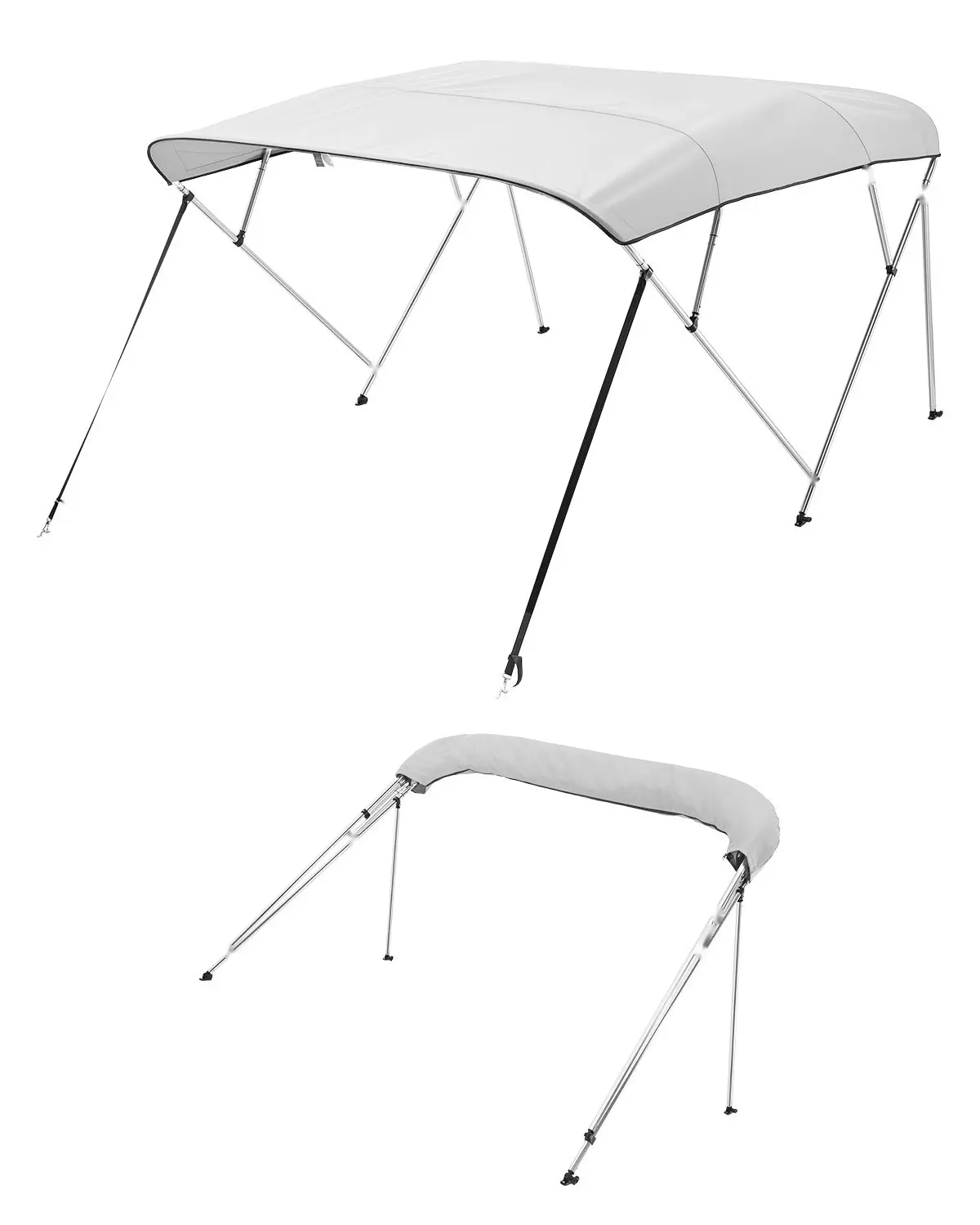 4 Bow Boat Bimini Tops 8 Foot Long By 91 To 96 Inch Wide By 54 Inch High Light Grey Awning Canopy For Boats Pontoon And Marine Use UV Resistant Weatherproof Stainless Steel Hardware Quick Install Fittings