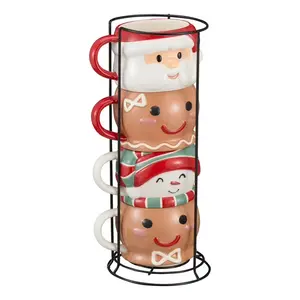Holiday Characters 12oz Stoneware Ceramic Stacking Mug Set with Metal Rack - 5.91" x 5.04" x 12.68" - Ideal for Holiday Celebrations and Drinkware