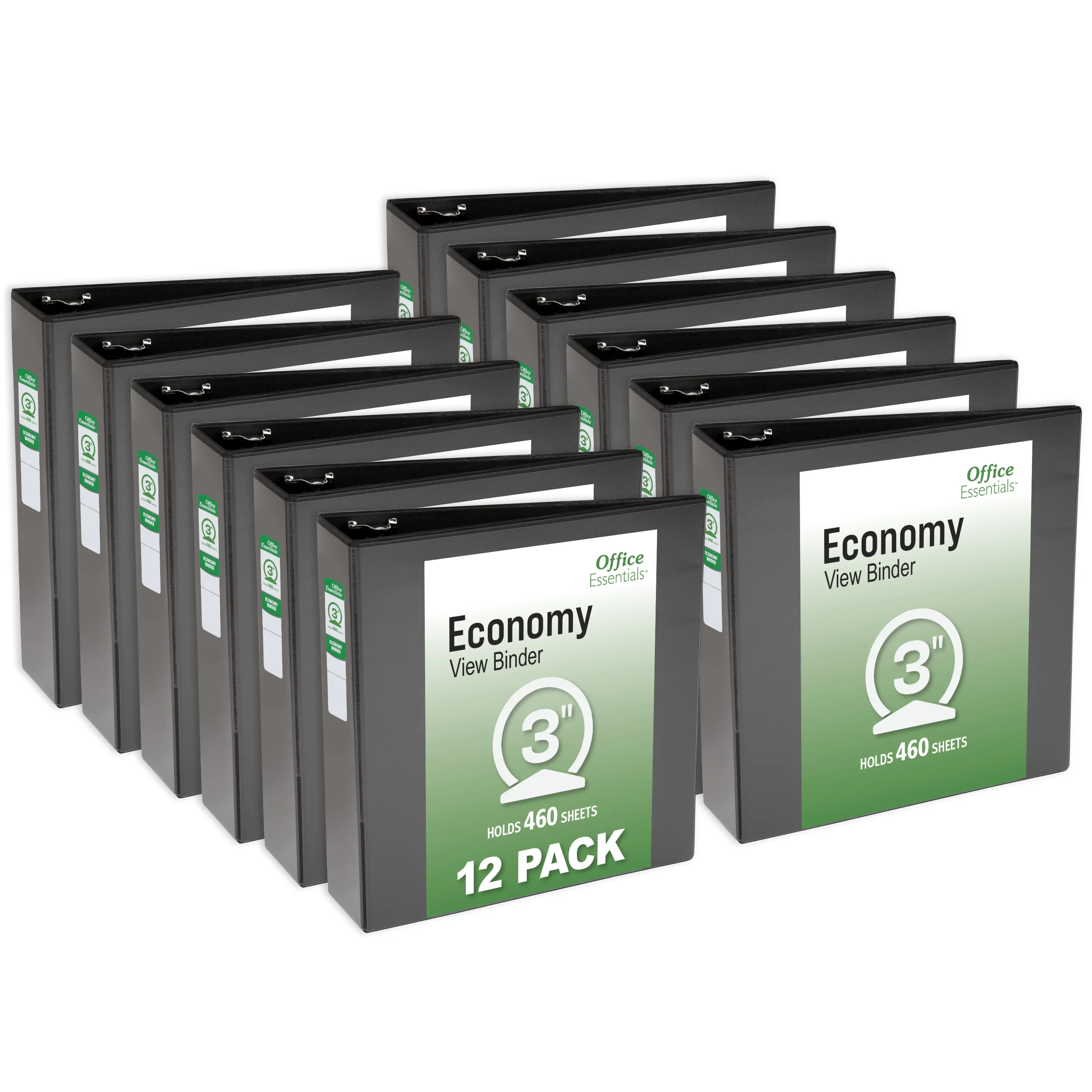 Office Essentials Economy View 3-Ring Storage Binders, 3" Round Rings, 3.5" Spine, 460-Sheet Capacity, Black Textured Film Binders (12-Pack 03431) for Office Stationery Supplies, Classroom Supplies, School/Work Use