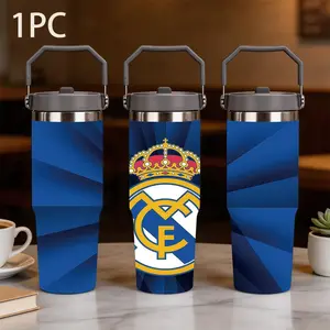 1pc 30oz large capacity portable thermos cup printed with Real Madrid football Club logo and stripe pattern, blue and yellow color geometric cutting design for Real Madrid fans, daily office outdoor portable water cup