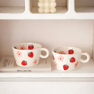 Hand Painted Cute Floral Strawberry Mug Large Multifunctional Coffee Cup Cereal Bowl for Breakfast Yogurt Mixing Coffee Mugs