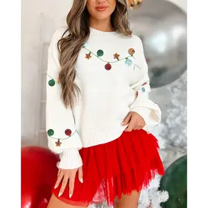 Women's Sequin Embroidered Sweater Long Sleeve Pullover with Floral Beading Loose Fit for Holiday Parties