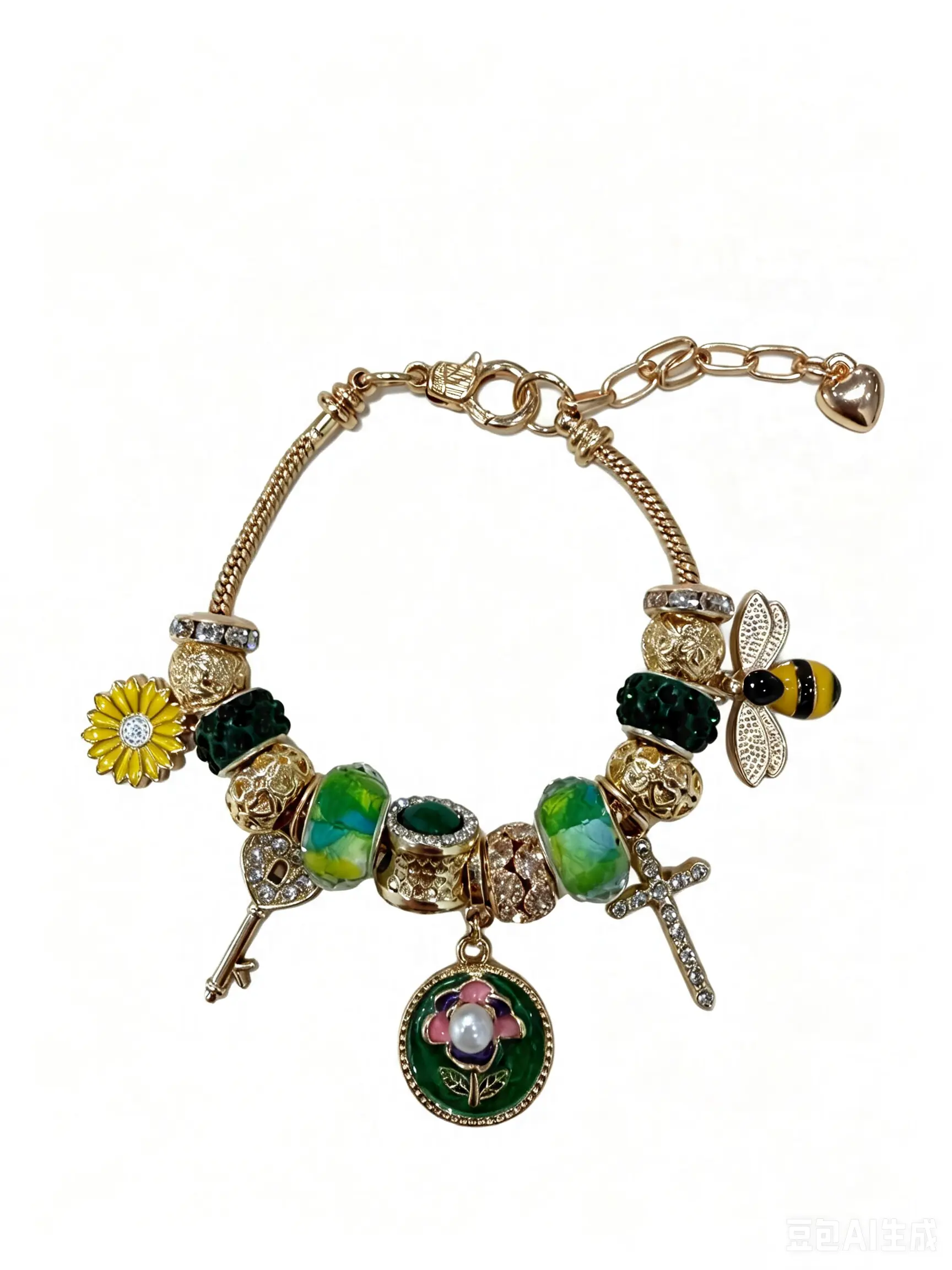 Bee & Sunflower Charm Bracelet, Vintage Green Floral Beaded Bracelet With Key Cross Pearl Pendants, Nature Aesthetic Fashion Jewelry Gift For Women Girls