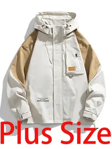 1xl-5xl Plus Size Men's Color Block Hooded Long Sleeve Casual Jacket, Loose Fit Versatile Outdoor Fashion Coat, Trendy Sportswear for All Occasions Outerwear