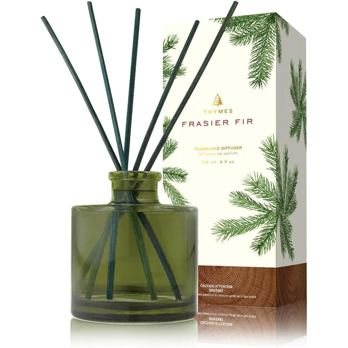 Thymes Petite Frasier Fir Diffuser - Home Fragrance Diffuser Set Includes Reed Diffuser Sticks, Fragrance Oil, and Green Glass Bottle Oil Diffuser (4 fl oz)
