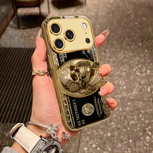 Black Gold Diamond Skull 100 US Dollar Pattern Electroplated Glass Phone Case Compatible with iPhone 11/12/13/14/15/16/17 and Other Models Shockproof Electroplated Phone Case
