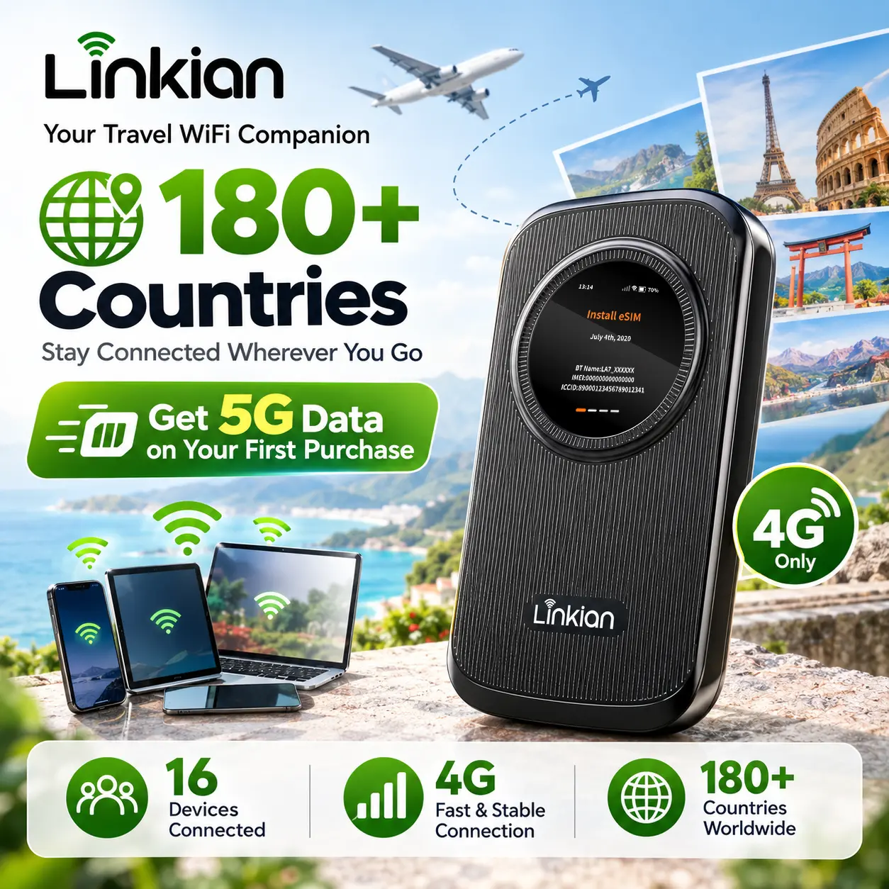 [Exclusive Deal Day] Linklan Global Portable Pocket WiFi Hotspot (Upgraded Edition), High-Speed 4G LTE Pocket Mobile Router, Supports Multiple Carriers, Portable Travel Internet for Cars and RVs [Includes 5GB of Free Data in the U.S.]