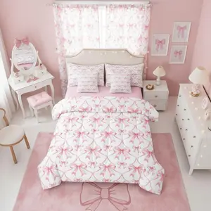 Pink Bows 7 Piece Bedding Set,Coquette Bowknot Bed in A Bag Bowtie Comforter with Sheets Preppy Princess Bed Sets
