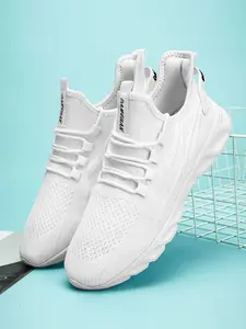 Men's Solid Color Lace Up Low Top Sneakers, Casual Breathable Comfortable Sports Running Shoes, Male All-match Round Toe Shoes for Daily Wear, Knitted Running Shoes, Trendy Running Shoes, Athletic Running Trainers, Fashion Running Shoes