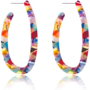 Multi Color Mottled Tortoise Shell Acrylic Resin Basic Big Circlee Hoop Earrings Lightweight U-Shaped Hoop Earrings Boho Statement Earrings Fashion for Women Jewelry