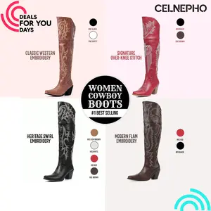 CELNEPHO Women Cowboy Boots Pointed Toe Classic Embroidered Chunky Block Heel Side Zipper Closure Comfy Easy Pull on Over the Knee Western Boot Spring Summer Party Work Casual Riding Concert Festival Fashionable Vintage Retro Long Tall Cowgirl Dress Shoes