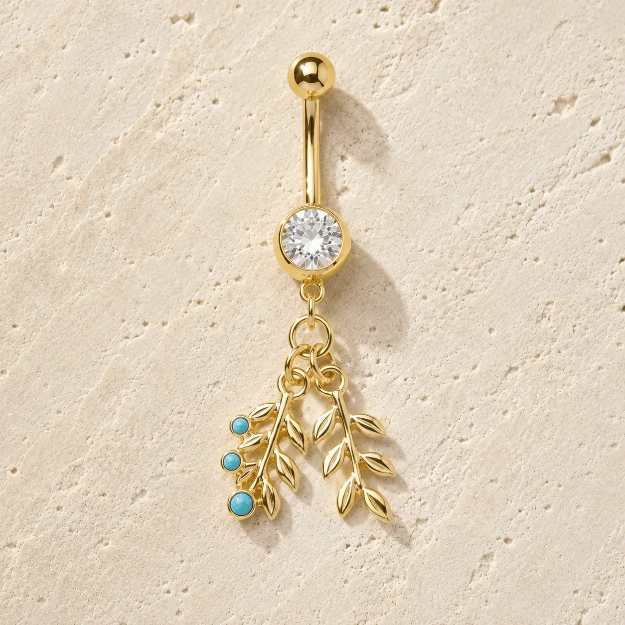 Gold Double Leaf Turquoise Dangle Navel Ring 14G