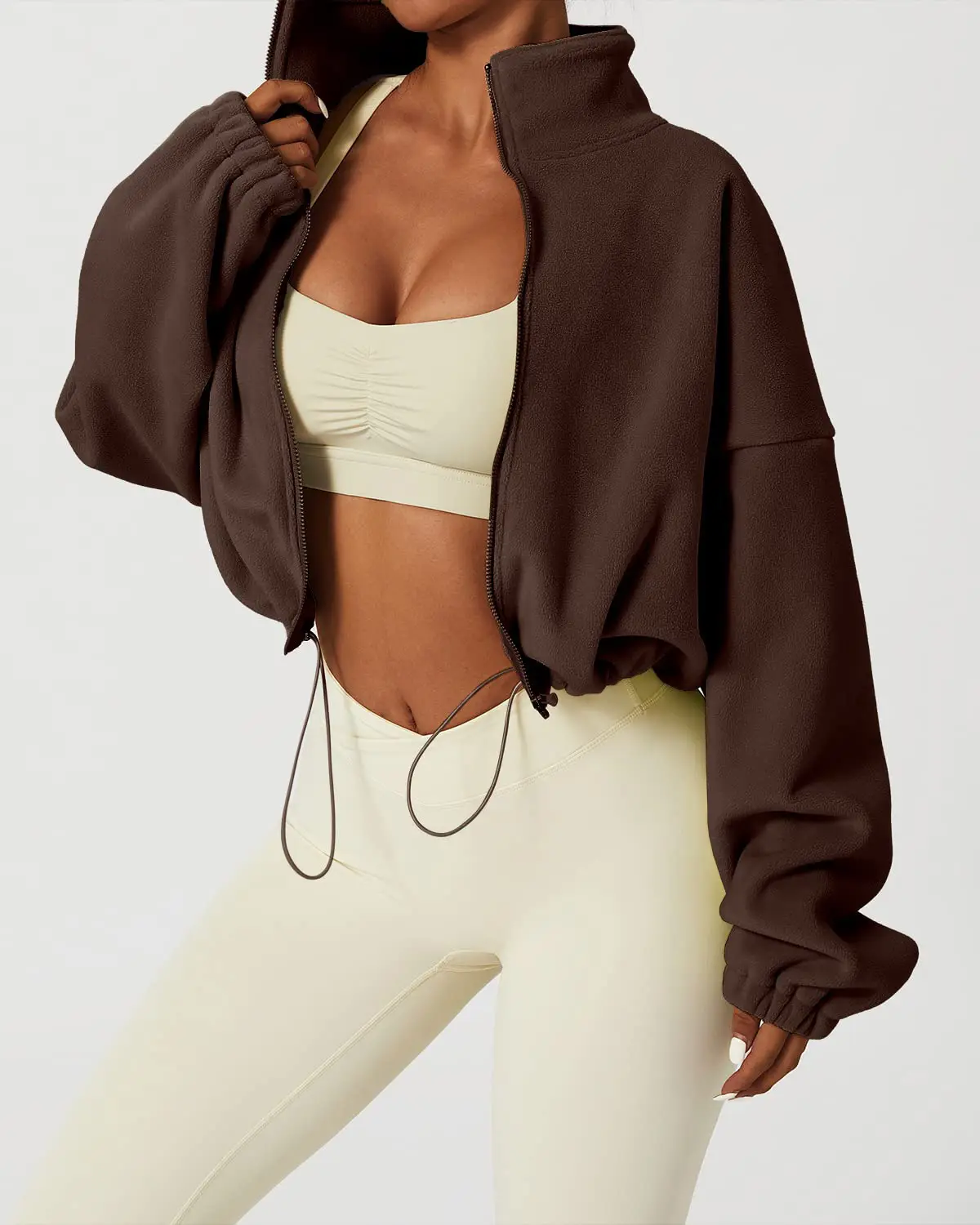 Women's Stand Collar Polar Fleece Jacket Relax Fit Baggy Winter Short Coat Long Sleeve Warm Crop Outwear Casual Fabric Womenswear Comfortable Fitted D