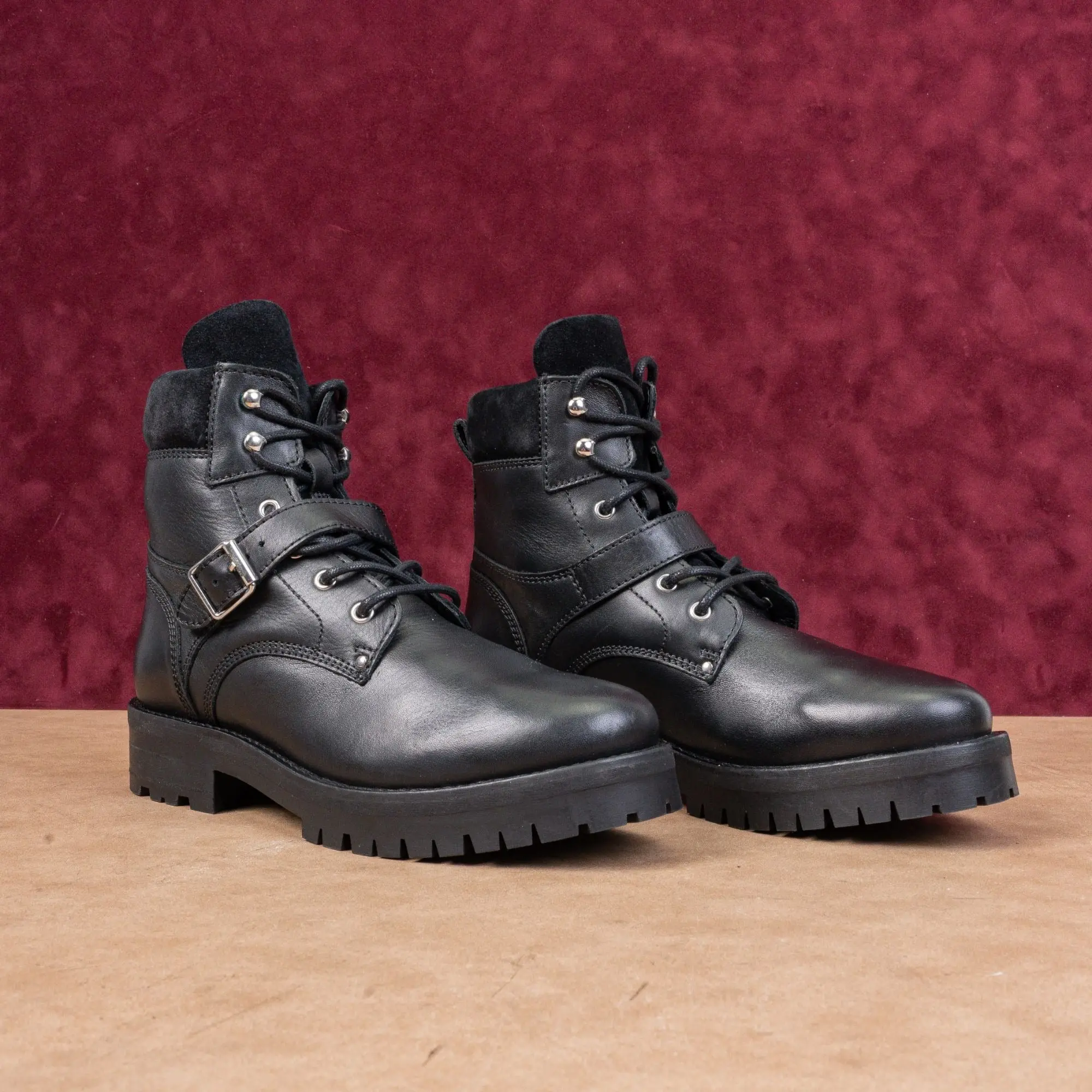 AllSaints Women Paulina Buckle Black Leather Ankle Combat Boots size 9US EUR39