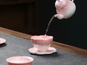 T19. Pink Crystal Glaze Ceramic Tea Set – Traditional Kung Fu Tea Set with teapot and teacups
