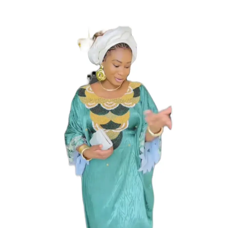 Boubou Soie Getzner Perlé Beaded Dress Long Gown One Size Fit with Round Neckline, Half Bell Sleeves & 4 Waist Tie for Formal Occasions color green Elegance