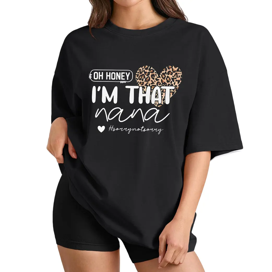 Oh Honey I'm That Nana Leopard Heart Graphic Cotton T-Shirt, Women Crew Neck Short Sleeve Tee For Grandma Daily Hangout Family Gathering Outfit KT0574