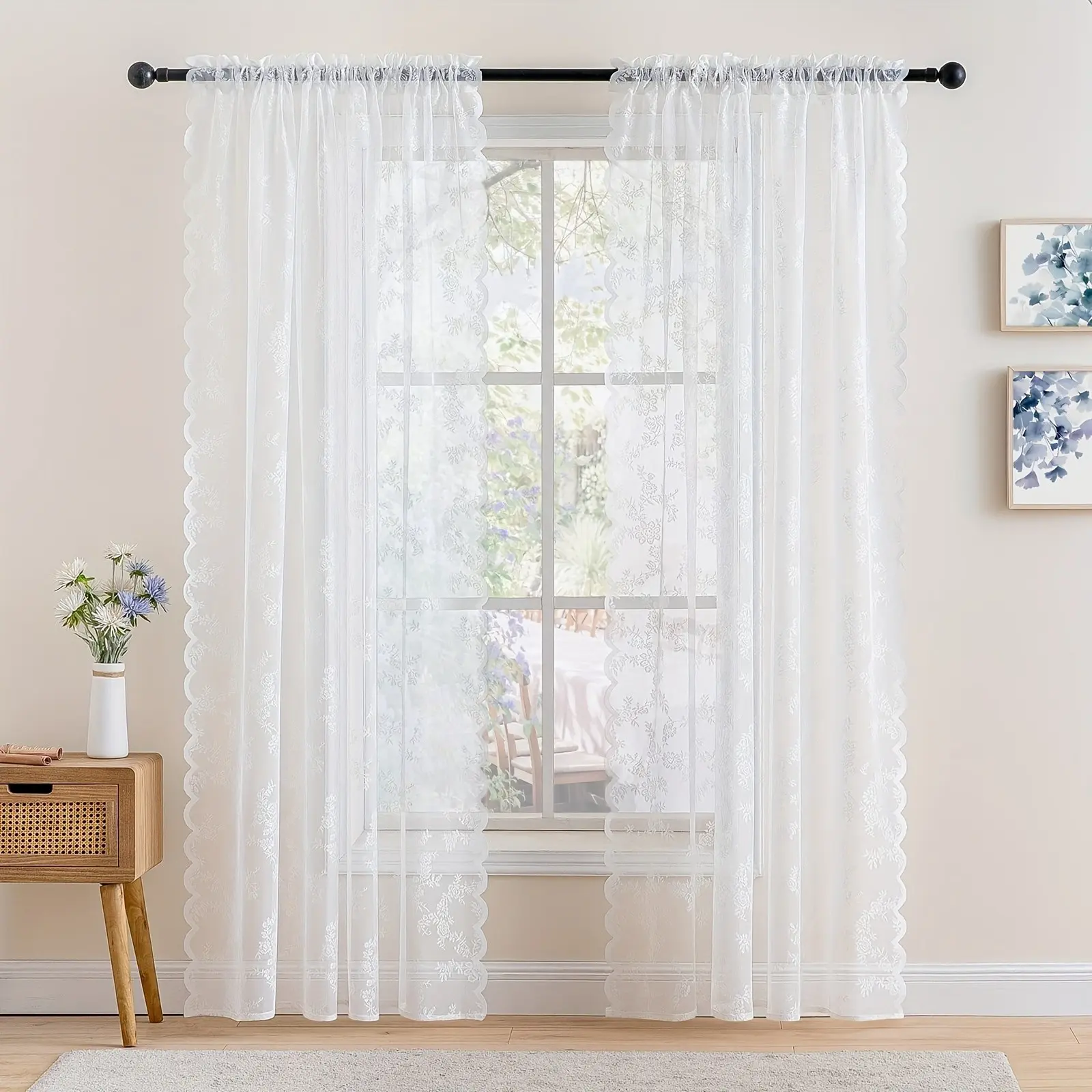 1pc French Country Lace Embroidery Rod Pocket Sheer Curtains, Home Decoration Curtain, Home Decorative Curtain, White Floral Semi-Sheer Drapes, Embroidered Curtains for Bay Window & Cottage Bedroom