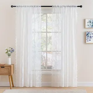 1pc French Country Lace Embroidery Rod Pocket Sheer Curtains, Home Decoration Curtain, White Floral Semi-Sheer Drapes for Bay Window & Cottage Bedroom