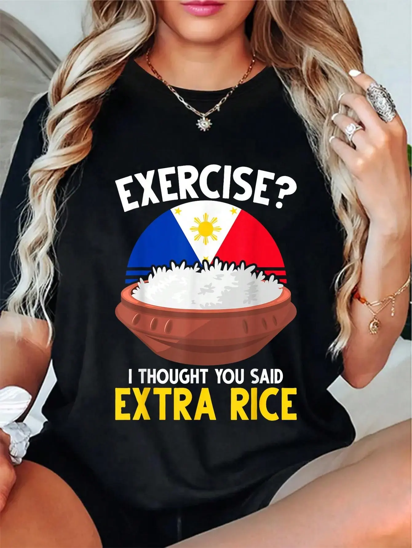 100% Cotton Funny Filipino Pride Extra Rice Filipina Proud Philippines T-Shirt Short Sleeve T-Shirt Women's Men's Graphic Tee Causal Tops