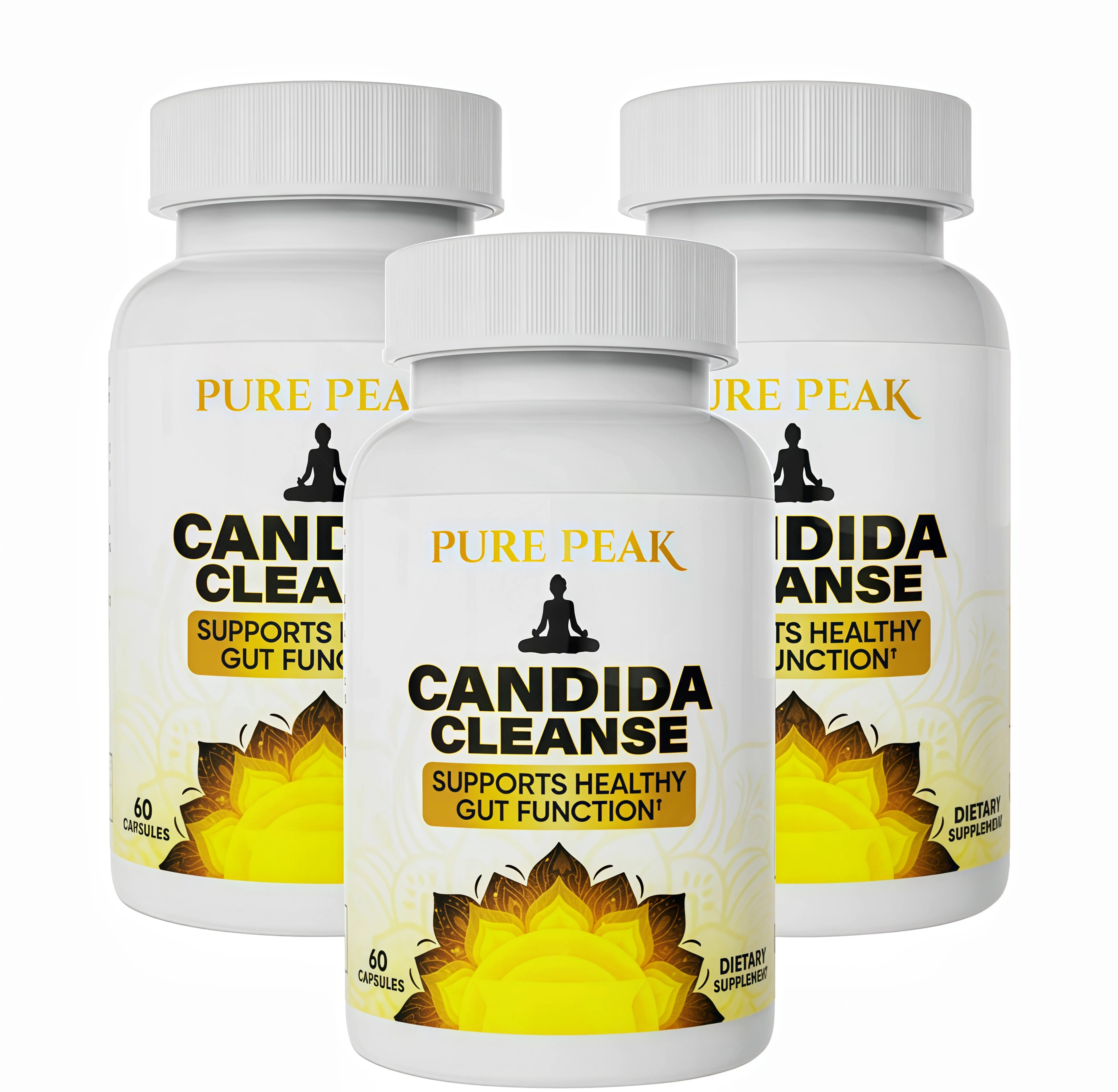 3 Pack Pure Peak Candida Cleanse Supplement -WG Supports Healthy Gut Function & Intestinal Balance, with Oregano, Caprylic Acid, LactoSpore Probiotics, Wormwood, Black Walnut - 60 Capsules