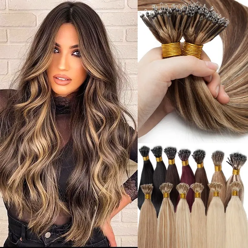 Encharm Nano Tip Hair Extensions Human Hair, Nano Beads Balayage Seamless Highlight Pre-bonded Extensions for Women, 1g/strand, 50 strands 50g/pack -18 Inch#4/27