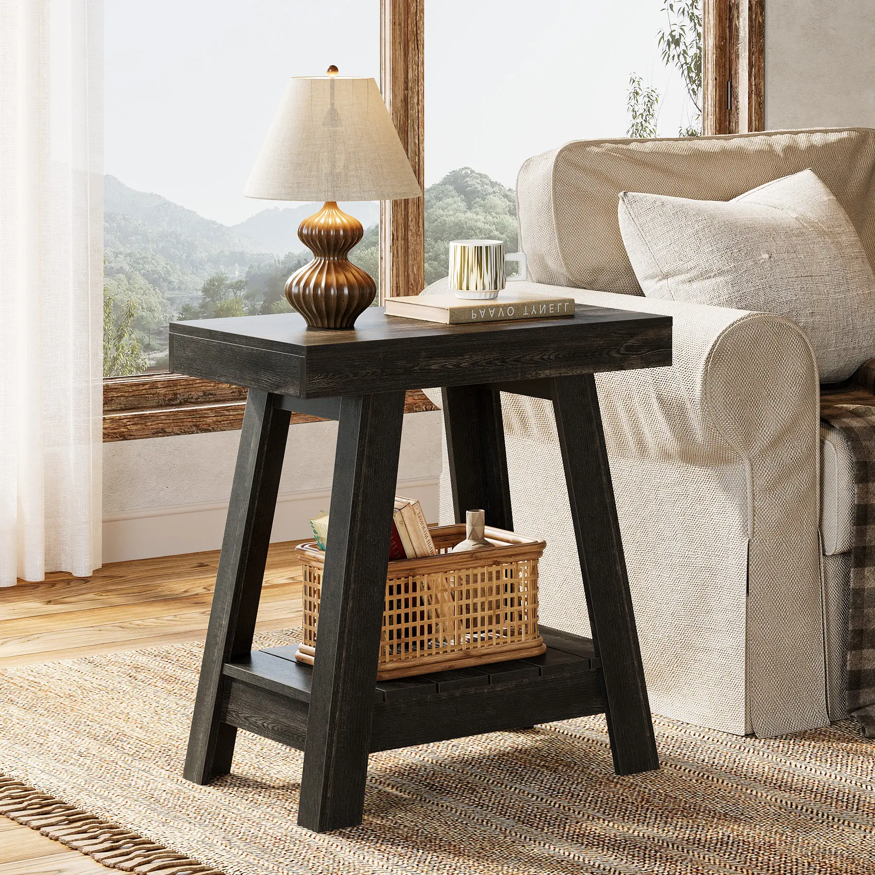 LITTLE TREE 2-Tier Wooden End Table, Farmhouse Small Sofa Side Table with Storage, Slim Narrow Nightstand for Living Room, Bedroom, Small Spaces