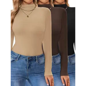3 Pack Soft Stretch Turtleneck Shirt Women Long Sleeve Mock Neck Slim Fit Tops Winter Thermal Base Layer Undershirts
