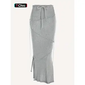 Solid knit sweater skirt with drawstring and side slits, featuring tassels; elegant, fashionable, casual tie-side pencil skirt for daily outdoor wear; women’s knitwear for spring and fall; boho skirt — GARMENTARY