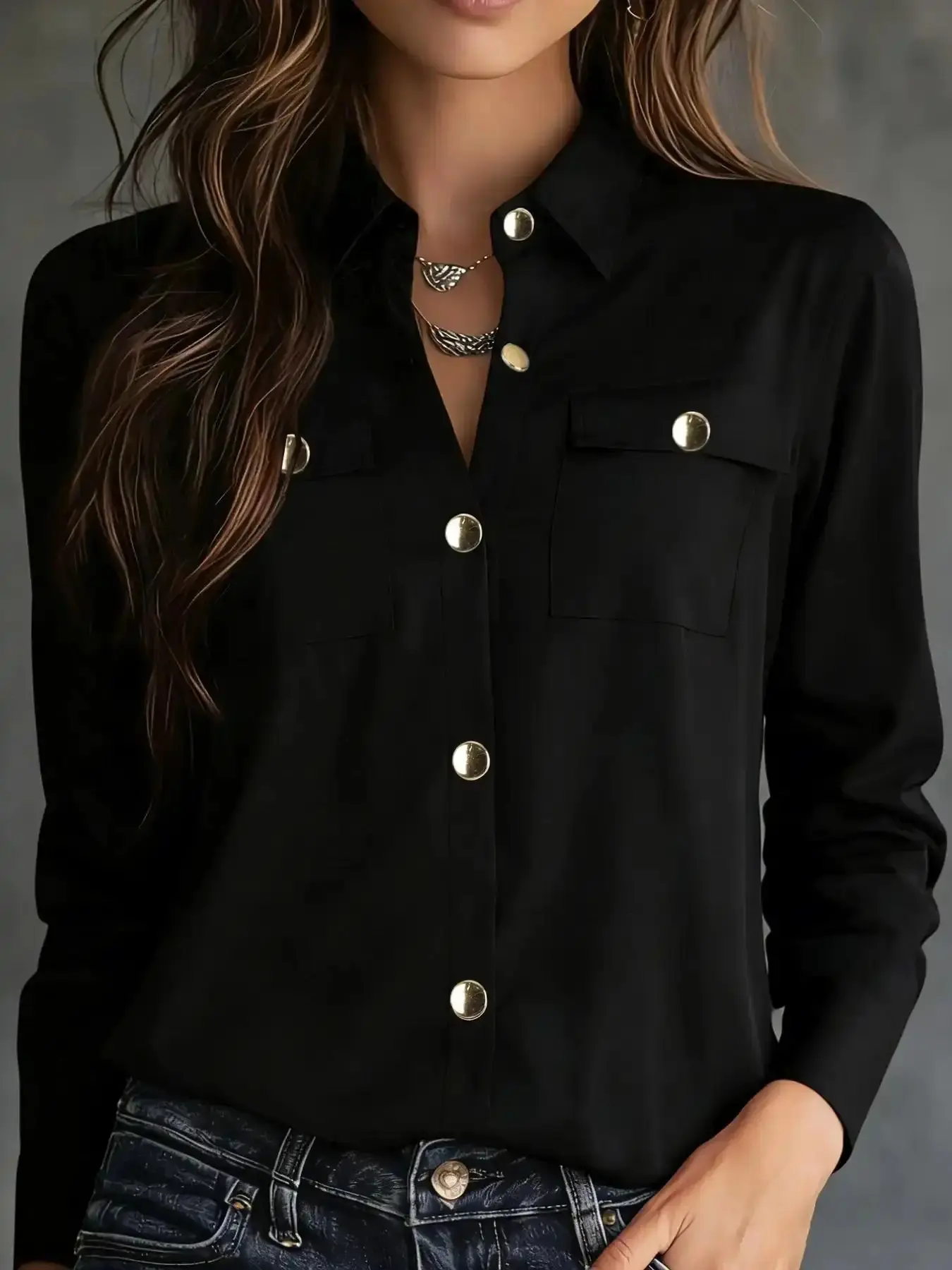 Women's Refined Long-Sleeve Collared Shirt Blouse Top, Casual yet Professional Work Attire with Elegant Button Closure, effortless layering, chic everyday, refined casual, versatile piece