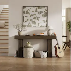 63" L x 33" H x 12" D Fluted Console Table, Ribbed Entryway Table, Mid Century Modern Japandi Sofa Table Behind Couch, Chunky Wood Hallway Table for Living Room
